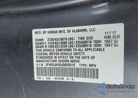 2018 Honda Odyssey Ex z USA, uszkodzony, nr VIN 5FNRL6H55JB059310